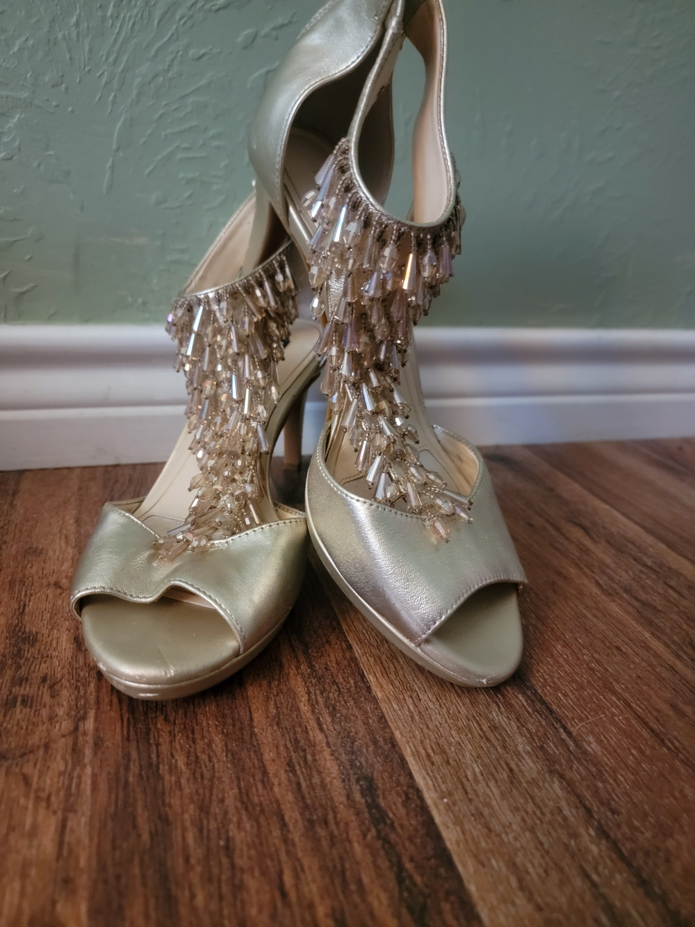 Alex Marie Gold Beaded T-Strap Peep-Toe Heels